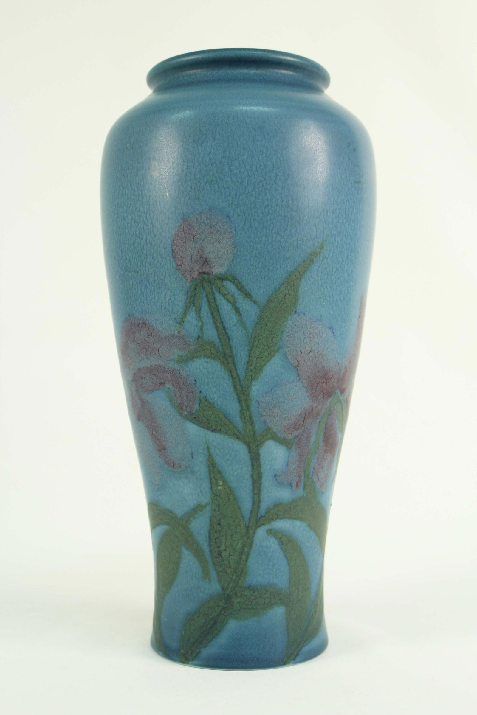1930 Rookwood Pottery #2551 Vase by Jens Jensen: 1930 Rookwood Pottery #2551 Vellum Glazed Vase by Jens Jensen (1898-1978). Beautiful blue vase with flowers. The vase measures Approx. 14" H. X 6 1/2" Dia. Condition - Good condition. No chips or crac