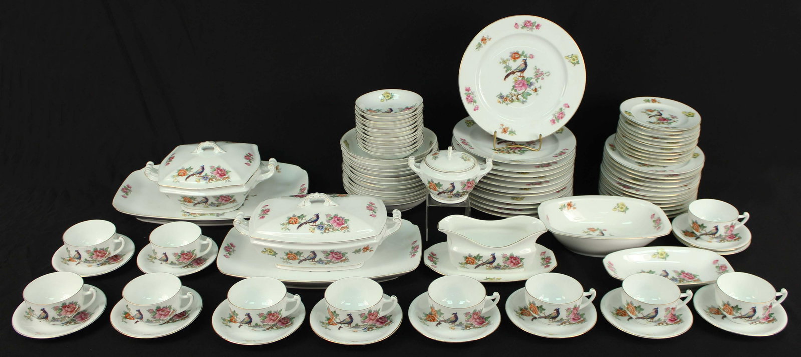 82 Piece Set Czech Epiag China w/ Exotic Birds: 82 Piece Set Czech Epiag China w/ Exotic Birds. (12) 10" Dinner plates. (9) 7 3/4" Soup bowls. (12) 8" Dessert plates. (1) 9" X 14 1/4" platter. (1) 10" X 15 1/2" platter. (1) Gravy boat 5" X 9". (1) 