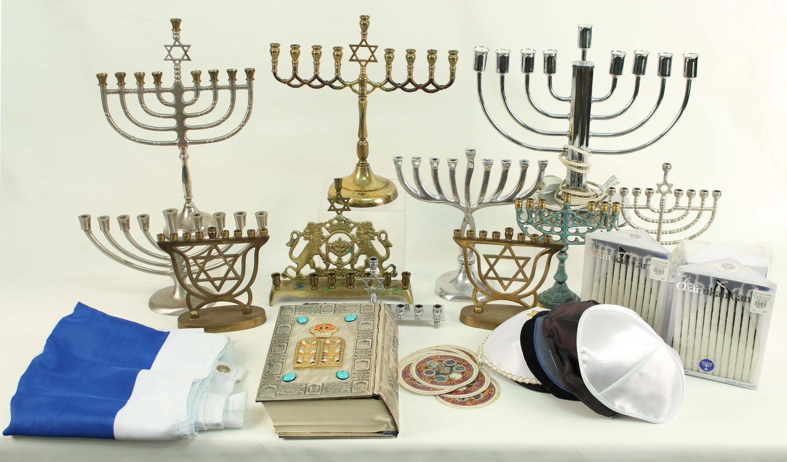 Jewish Siddur Avodat, Eleven Menorahs Etc.: Jewish Siddur Avodat in Hebrew and English, Eleven Menorahs, several kippahs Etc. Condition - See photos, various conditions.