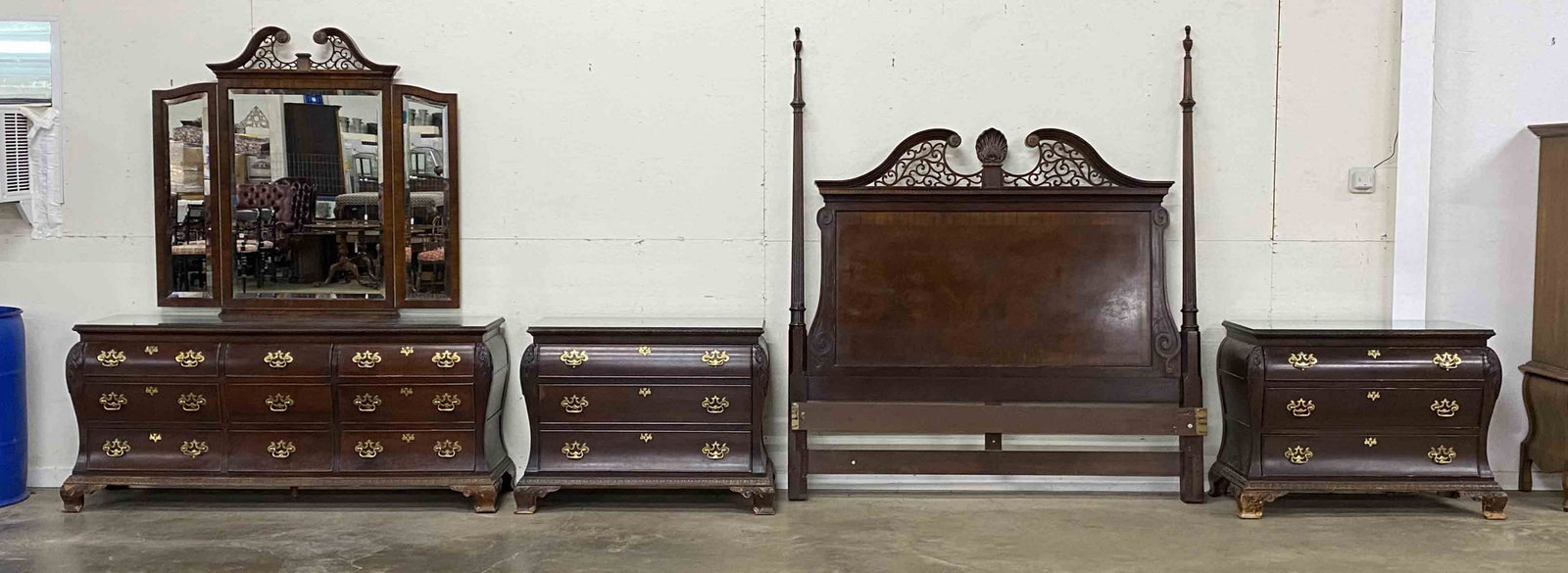 Bombe Mahogany 4 Pcs. King Bedroom Suite: Bombe Banded Mahogany Four Piece King Size Bedroom Suite. Labeled in drawer Rust Martin. Dresser and chest have glass tops. The King size bed is 89" High and Approx. 78" Wide. The two chest measure 33