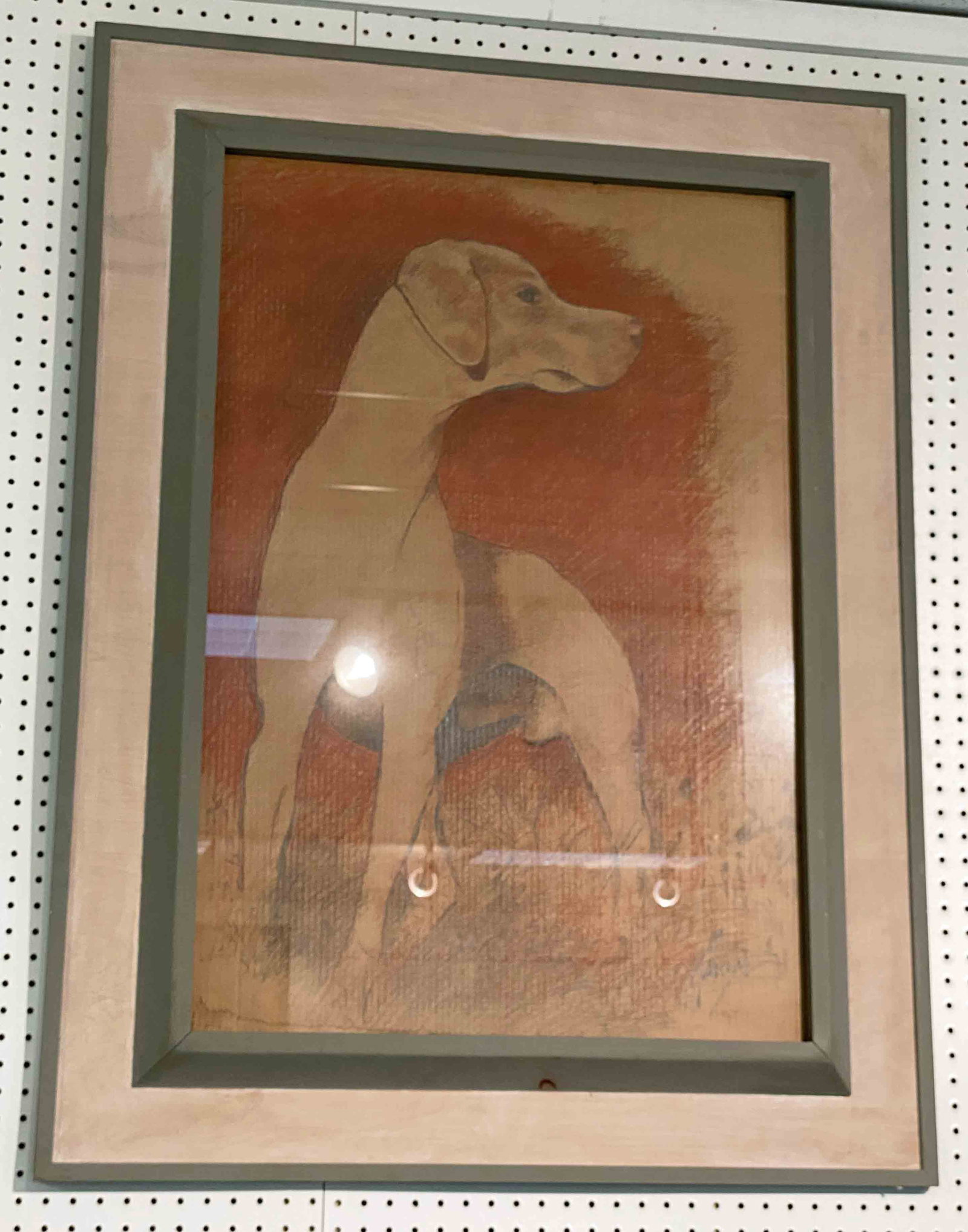 Charles Inzer (20th C.) Sunset Dog: Charles Inzer (20th C.) Sunset Dog. Looks to be pastel, crayon and pencil on cardboard, signed Inzer lower right. Sunset Dog image measures 24 1/2" X 35 1/2". Overall measurement of molded maple frame
