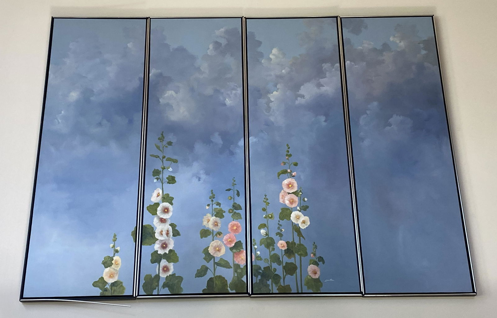 Clyde H Lawter Jr (1934?-2019) Morning Glory: Clyde H Lawter Jr (1934?-2019) Morning Glory, Four Part Oil on Canvas Collage. The paintings depict glories in full morning bloom. One of the paintings with flowers is signed lower right. The painting