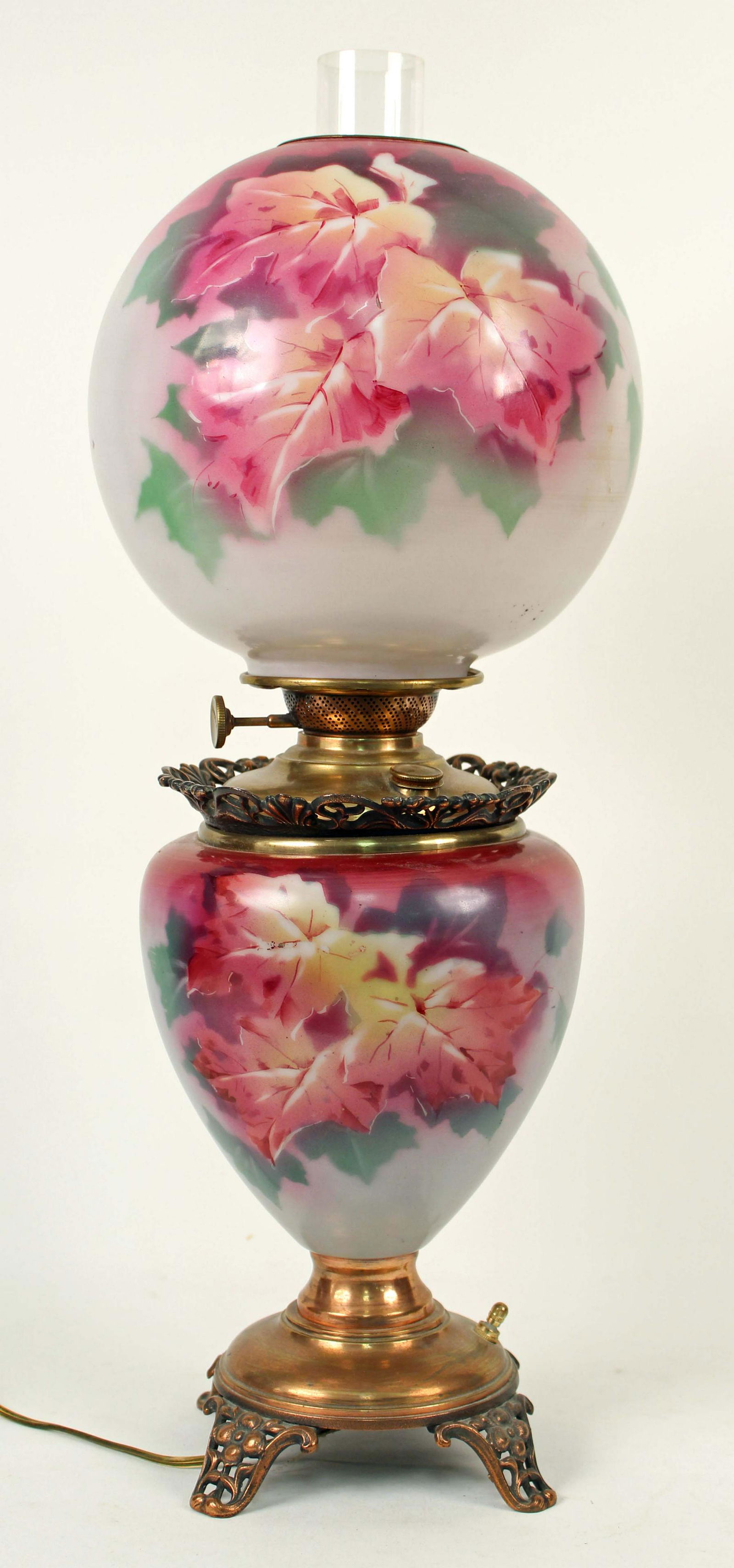 Gone With The Wind Lamp Cranberry Decoration: 19th C. Gone With The Wind Lamp Cranberry Decoration. Burner knob is marked "Success". Comes with chimney and has been converted to electric. Measures 24 1/2" High X 9" Dia. Condition - Lamp works and