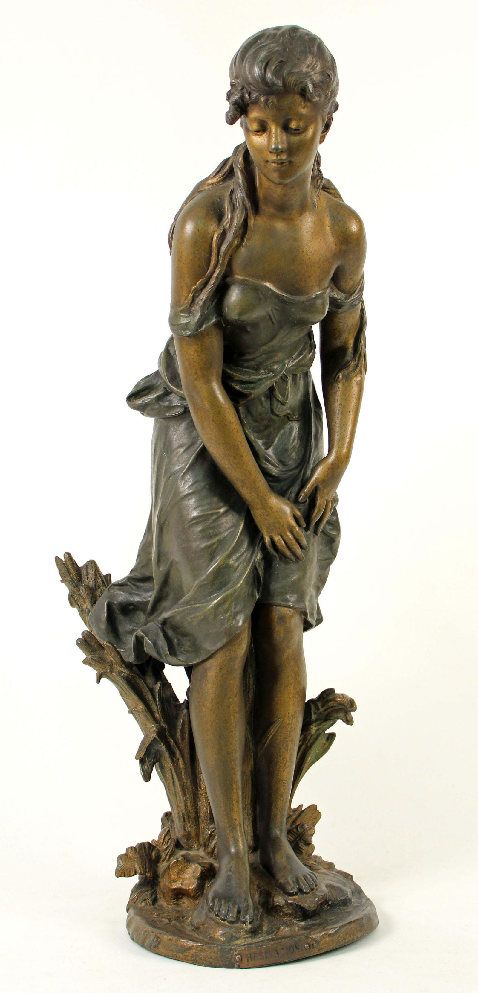 Auguste Moreau (French 19th C.) Hesitation Bronze: Auguste Moreau (French 19th C.) "Hesitation" or "LE RUISSEAU" Bronze Sculpture. This bronze depicts a young maiden hesitating before stepping into a pool of water. This bronze is labeled "Hesitation"
