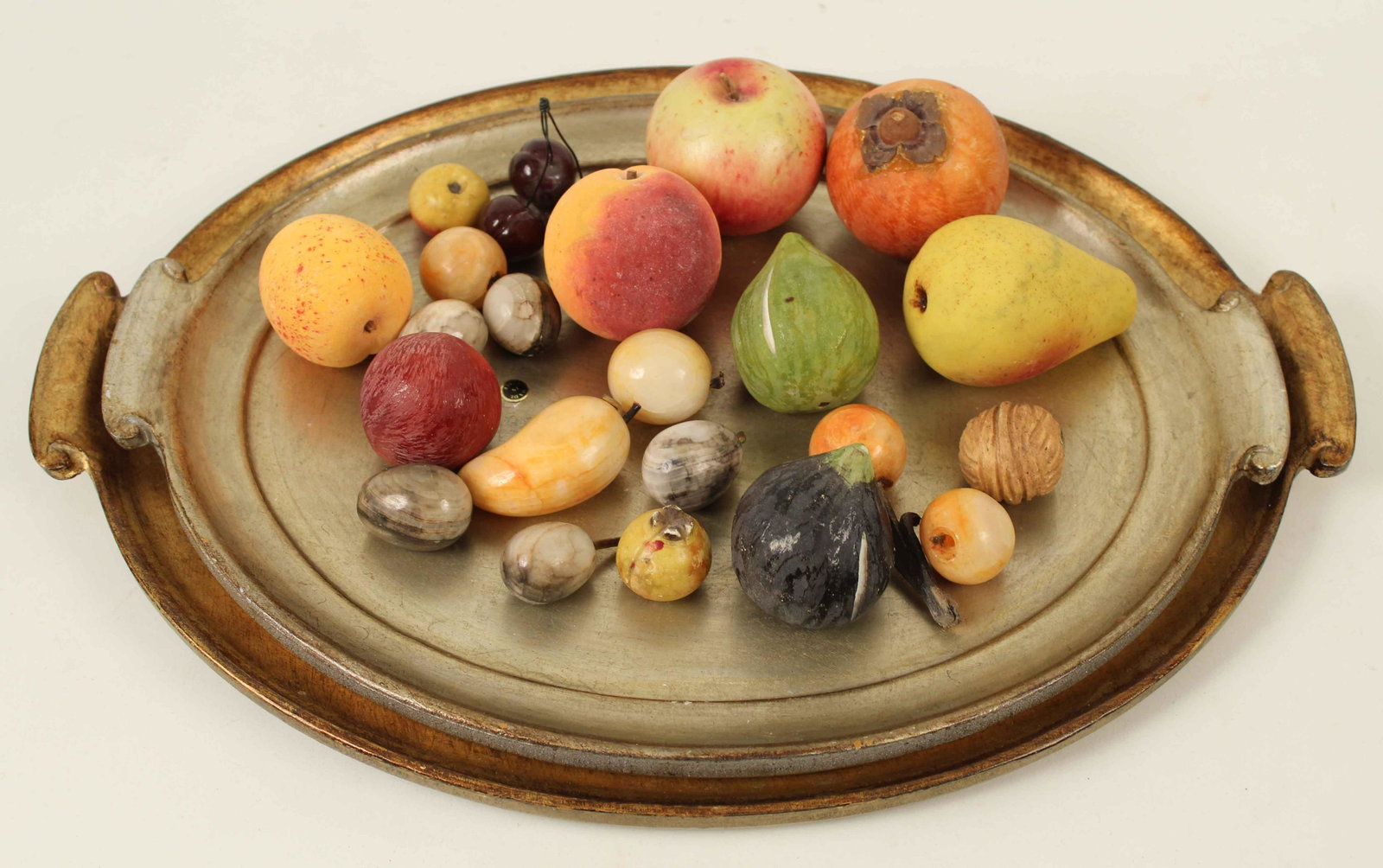 Group of Italian Alabaster Fruit w/ Two Trays: Group of Italian Alabaster Fruit with Two Trays. Trays are marked, "Made in Italy." Largest tray measures 15 1/4" x 20". Condition- Trays and fruit are in good condition. See photos.