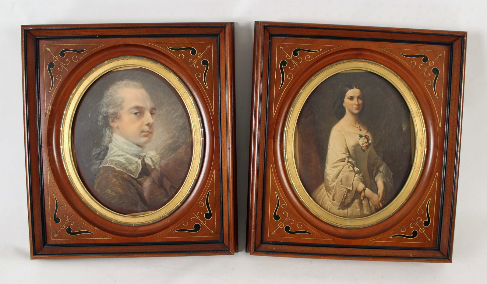 Matching Pair of 19th C. Walnut Shadow Box Frames: Matching Pair of 19th C. Walnut Shadow Box Frames. Both have oval gold leaf molding with prints of Southern Belle and 18th Century gentleman. Frames measure 16 1/4" X 18 1/4" the gold frame measures a