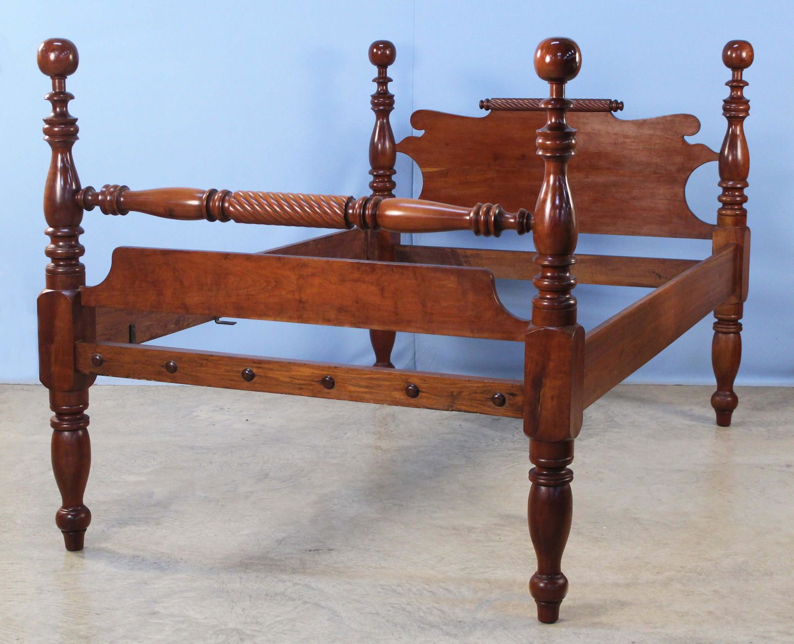 Federal Style Cherry Bed Circa 1830: Federal Style Cherry Bed Circa 1830 with Turned Post. This bed has been converted from rope, rails and post have cast iron lock hardware. This bed takes a full size mattress. The bed measures 53 3/4"