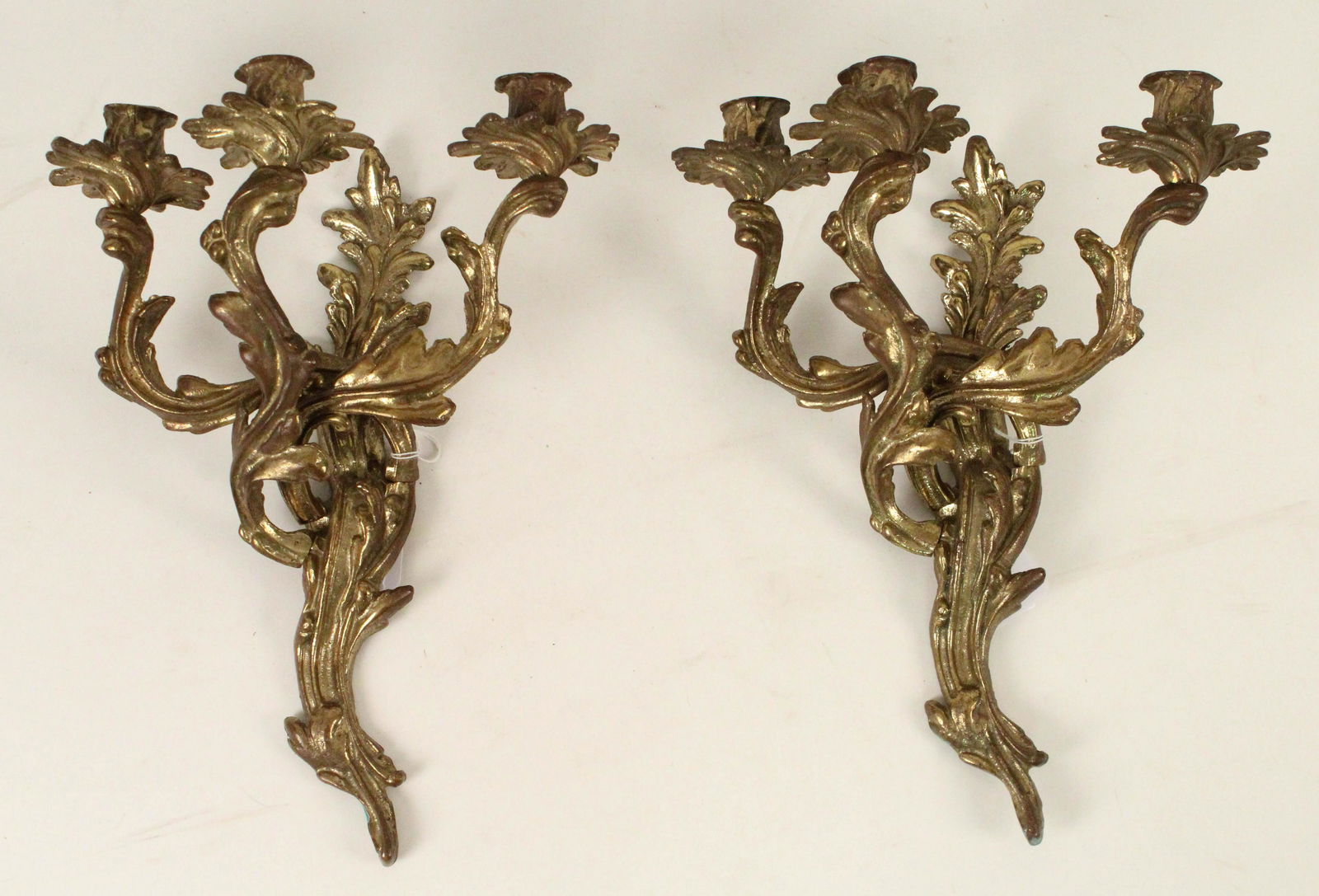 Pair Heavy Gilt Bronze Three Light Wall Sconces (1 of 3)