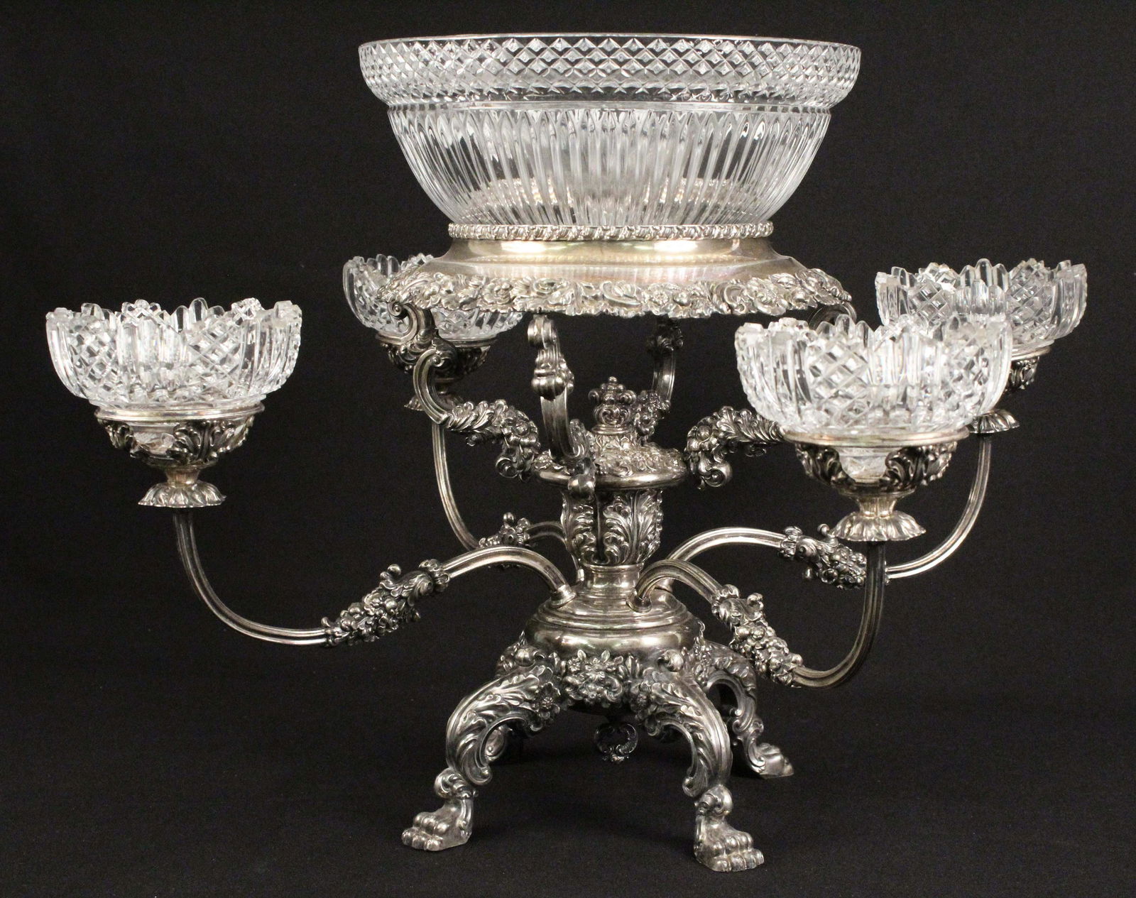 Elaborate Silver Plate Epergne Crystal Bowls (1 of 11)