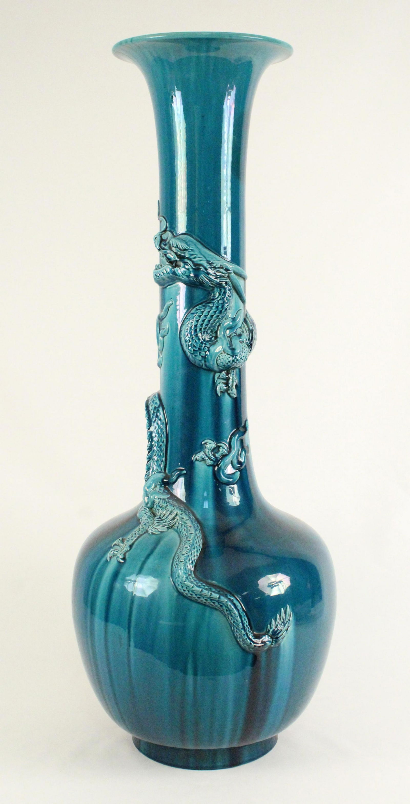 Early 20th C Japanese Awaji Turquoise Dragon Vase (1 of 5)