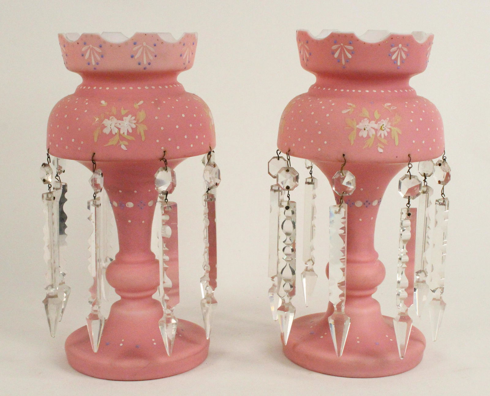Pair Hand Painted Cased Pink Satin Glass Lusters (1 of 4)