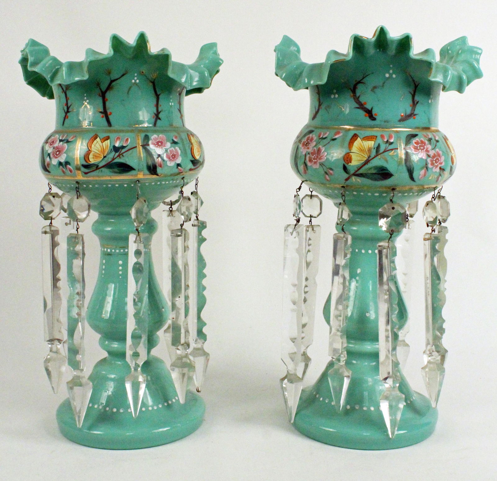 Pair of Hand Painted Green Ruffled Lusters (1 of 5)