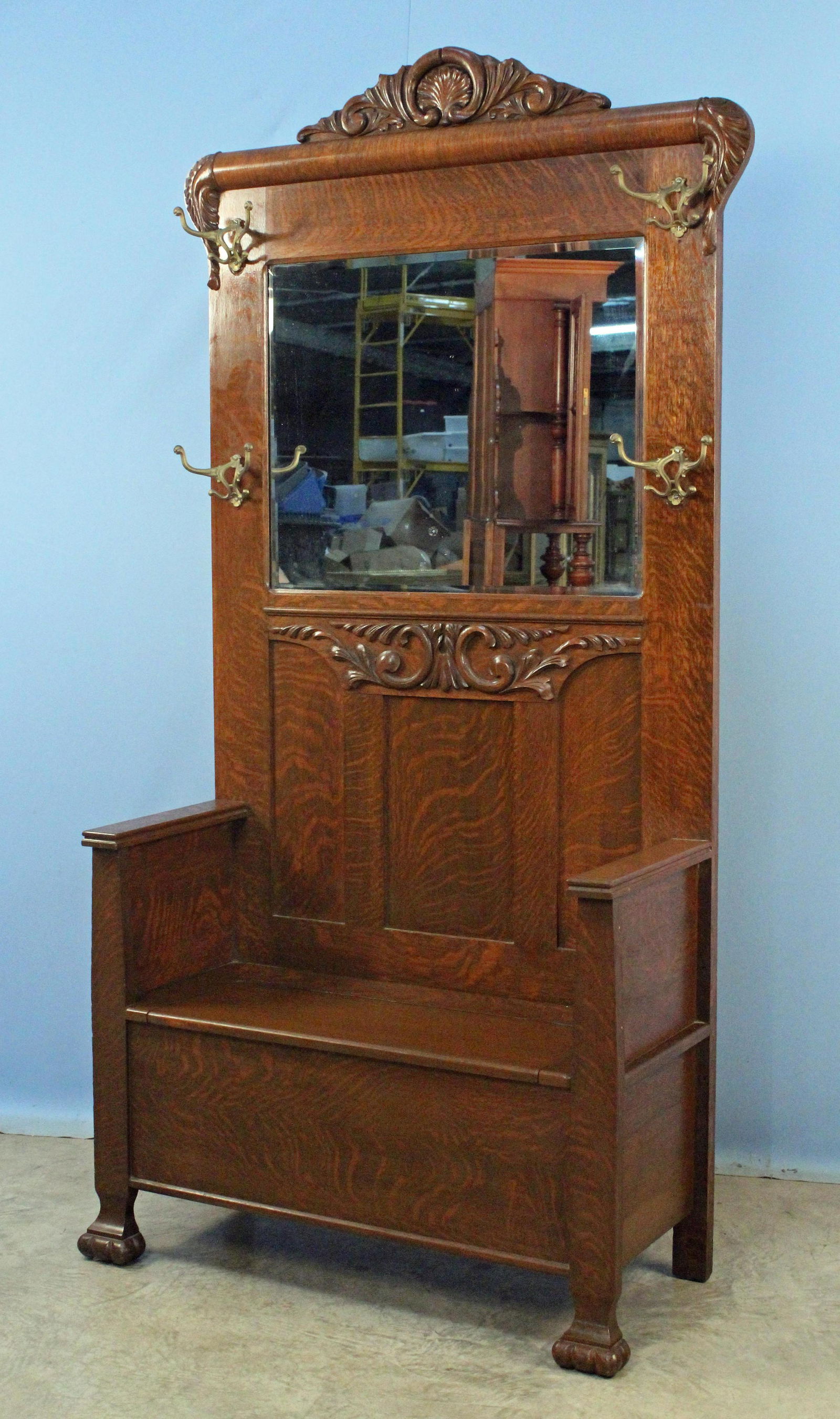 Oak Hall Tree with Beveled Mirror and Claw Feet (1 of 4)