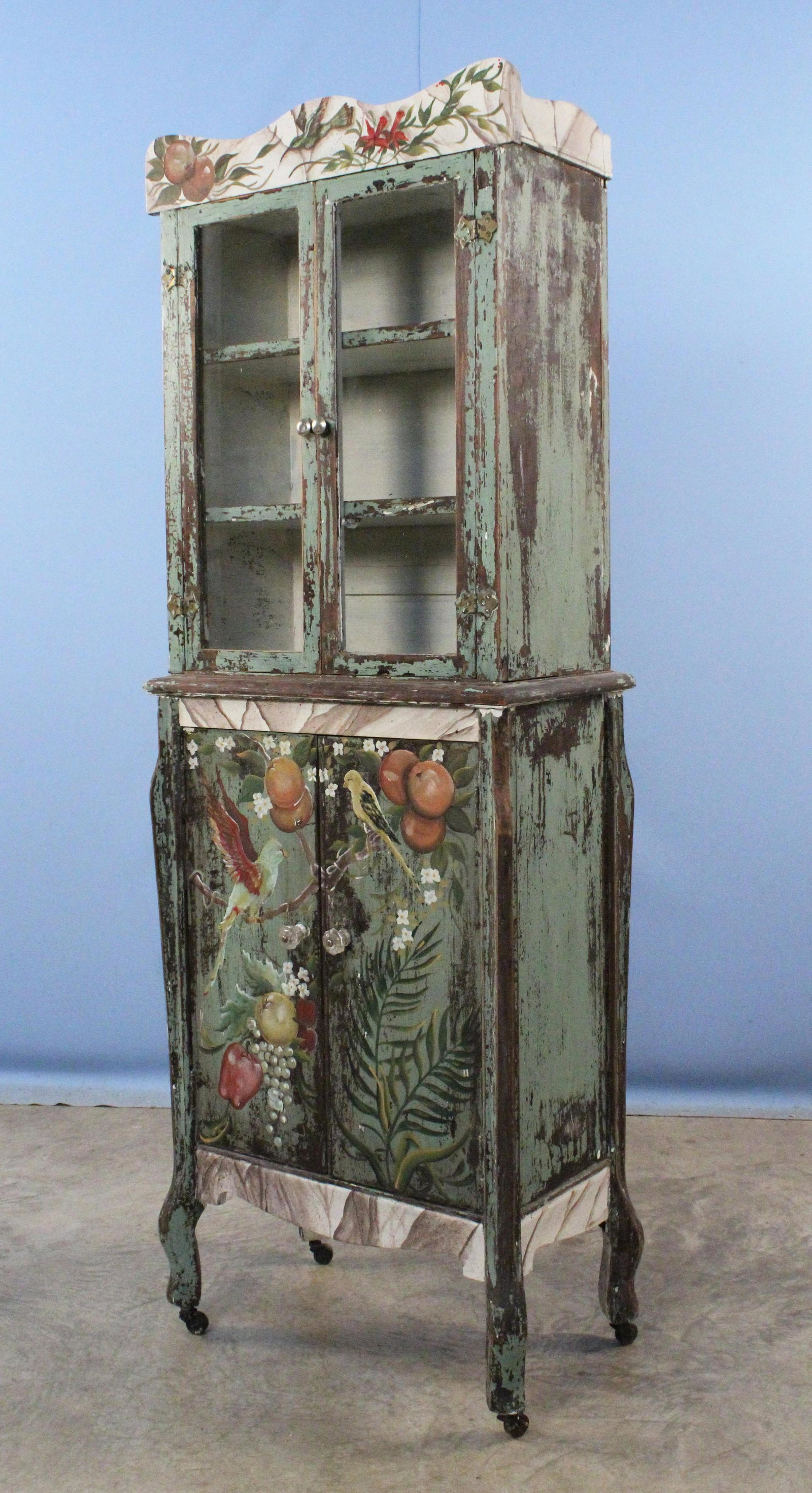 Kitchen Cabinet w/ Distressed Decorated Finish: Small Kitchen Cabinet w/ Distressed Decorated Finish. Decorated with hand painted with fruit, flowers, faux marble etc. measures 61 1/8" High X 21 1/4" Wide X 12 1/4" Deep. Condition - Good condition.