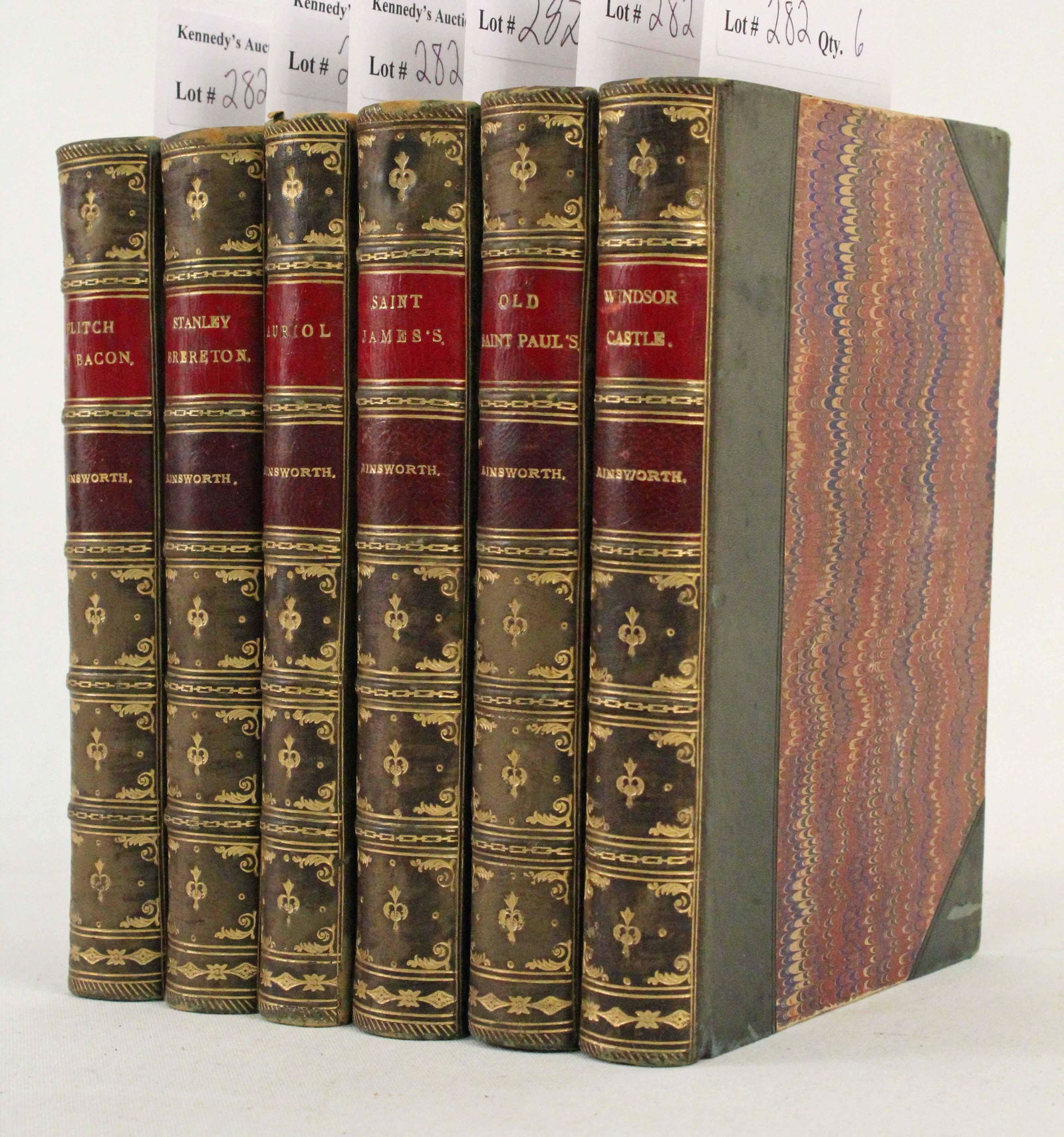 19th C. William Harrison Ainsworth 6 Vol.: 19th C. William Harrison Ainsworth 6 Vol. Publisher George Routledge & Sons, London. Green half leather with marbled boards and end papers. Measure 7 1/4" H. X 5 1/8". Condition - Overall good conditi