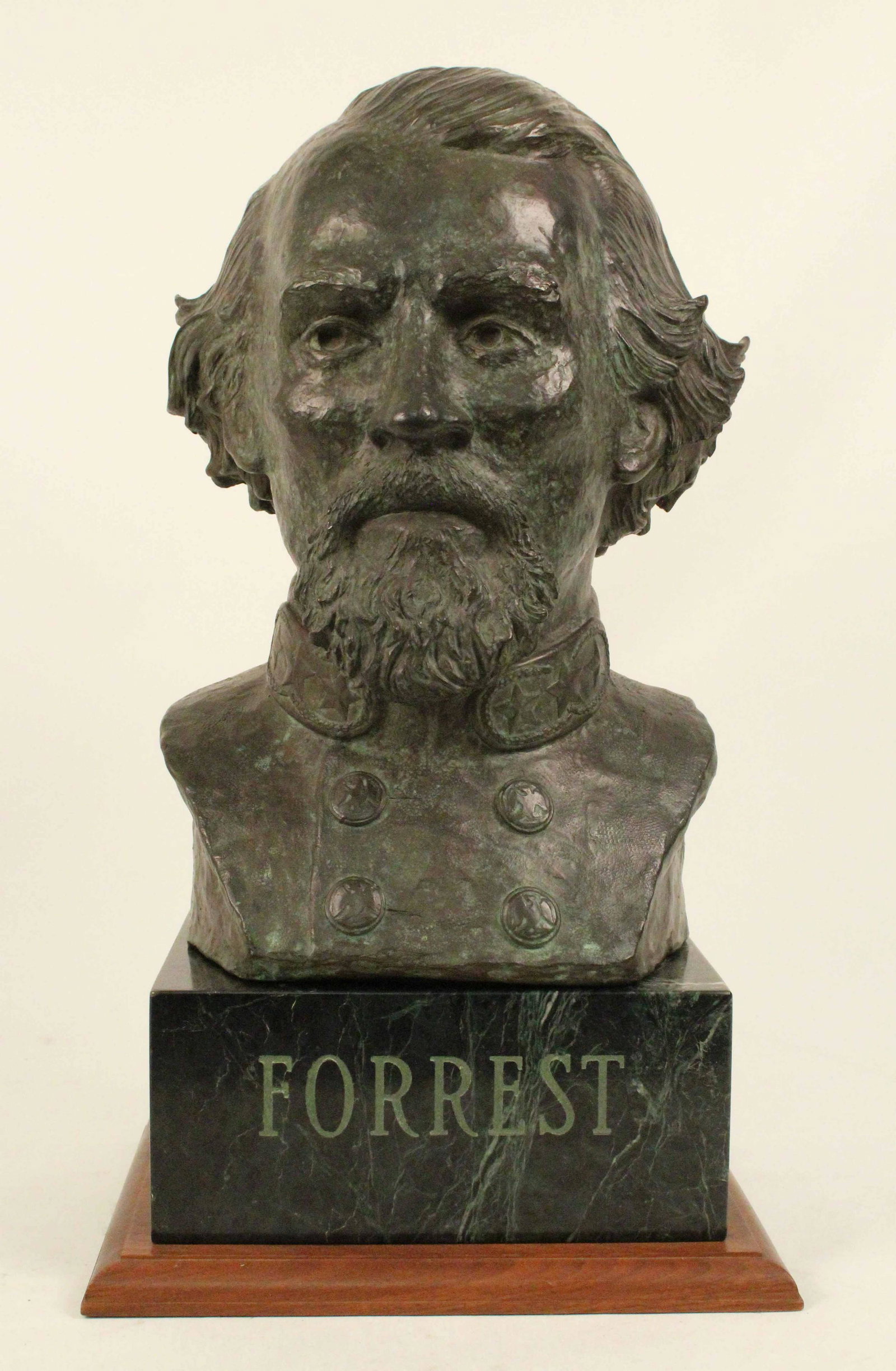 C. Runtsch (1923-2010) Nathan Bedford Forrest Bust: C. Runtsch (1923-2010) General Nathan Bedford Forrest Bronze and Marble Life Sized Bust. signed on the left shoulder "Runtsch" and numbered 8/25, copyright dated 1987. Bust is mounted on a verde issor