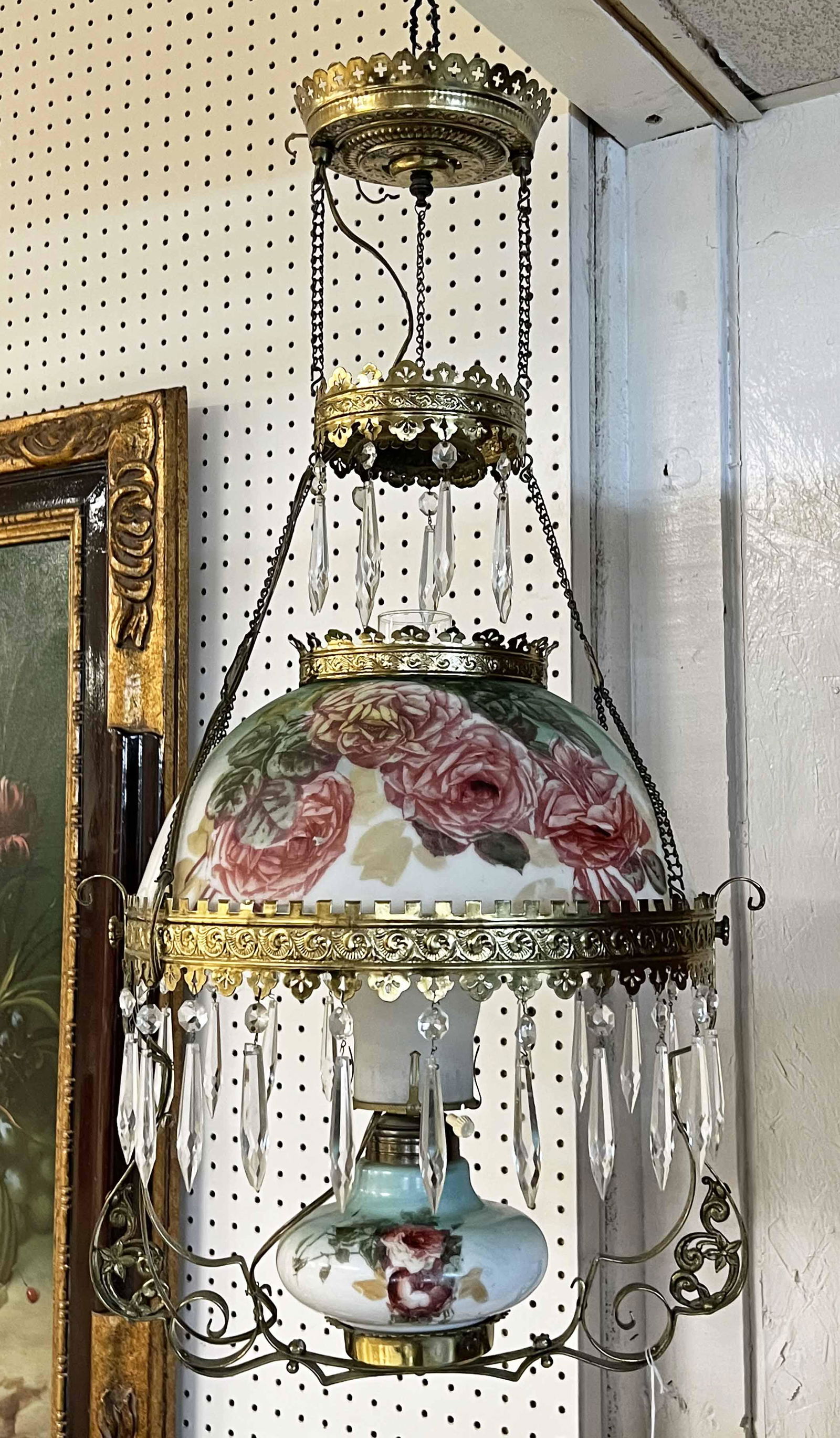 Hanging Victorian Light w/ Prisms & Green Shade (1 of 3)