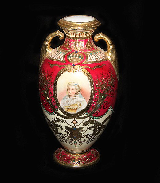Gilt & Jeweled Portrait Nippon Handled Vase: Gilt & Jeweled Portrait Unmarked Nippon Two Handled Vase. 10.25 in. T. X 5.5 in. W.