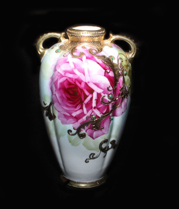 Jeweled & Gilt Two-Handled Nippon Vase: Jeweled & Gilt Two-Handled Nippon Vase. 8.5 in. T. X 6 in. W. at Handles.