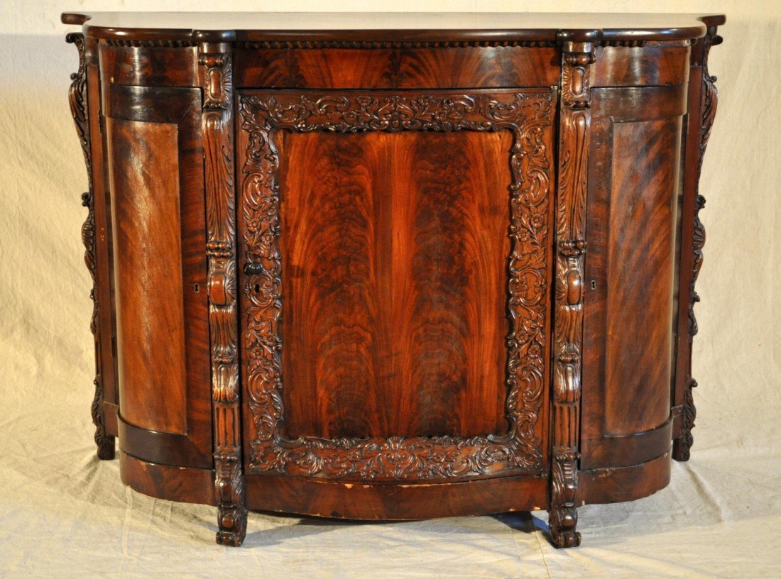 American Classical Carved Mahogany Credenza: American Classical Carved Mahogany 3-Door Credenza, Circa 1830. 43.5 in. T. X 60.5 in. W. X 23 in. D.