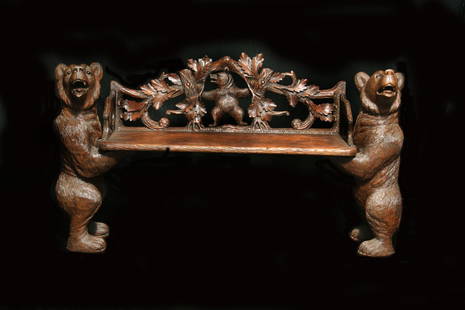 19th C. Carved Walnut Black Forrest Bench: 19th Century Carved Walnut Black Forrest Bench with Standing Bears 5 ft. 2 in. L. X 32 in. H.