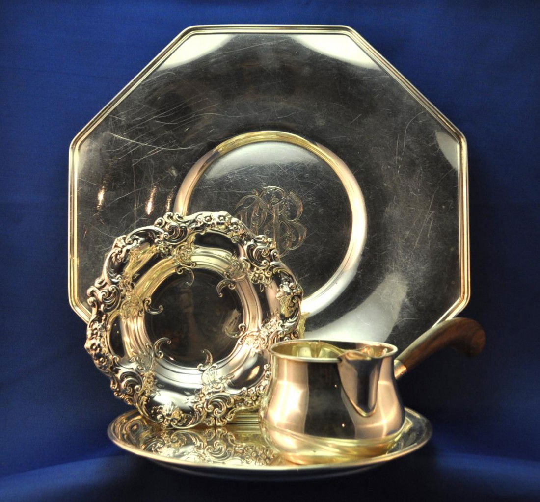 4 Pcs. Sterling Silver: 4 Pcs. Sterling Silver Including 7.5 in. Dia. Mint Tray, 10 in. Dia. Octagon Plate with Monogram, 5.25 in. Dia. Gorham Nut Dish with Flowers, Towle Syrup Ladle with Rosewood Handle 2.3 in. T. 20 Troy
