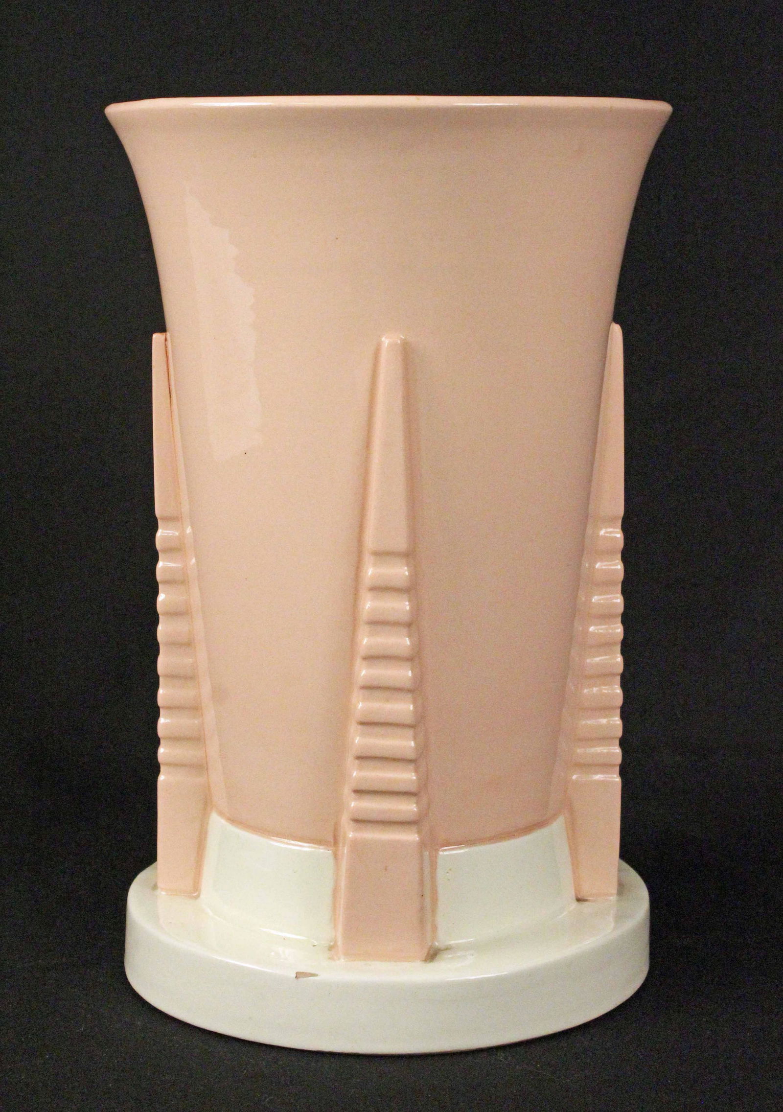 Art Deco Belgium Vase Charles Catteau?: Art Deco Belgium Vase Charles Catteau?. Stunning art deco futuristic style pink and white vase. Possibly designed by Catteau. This vase is very similar to many vases produced by Catteau. Base of the v