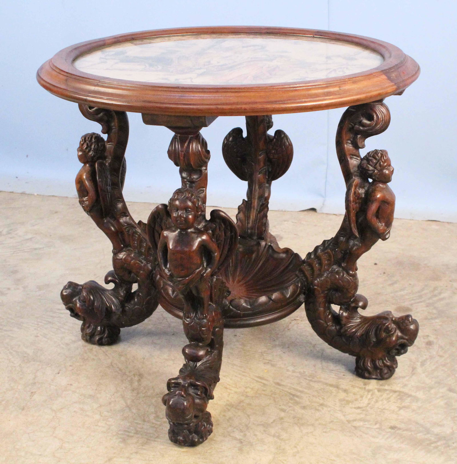 Italian Walnut Side Table with Dolphins & Cupids (1 of 6)