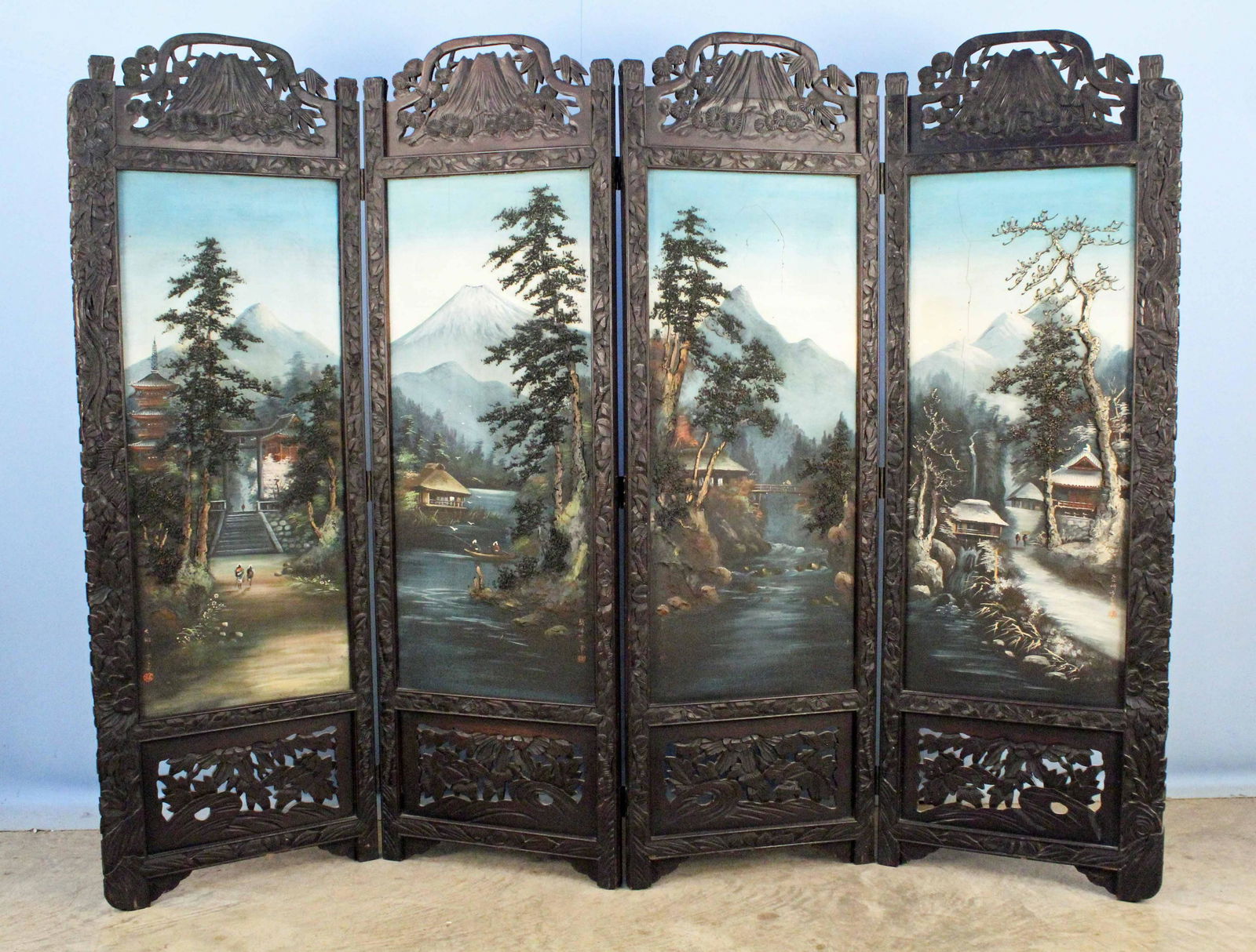 Carved Mt. Fuji Four Panel Folding Screen (1 of 15)