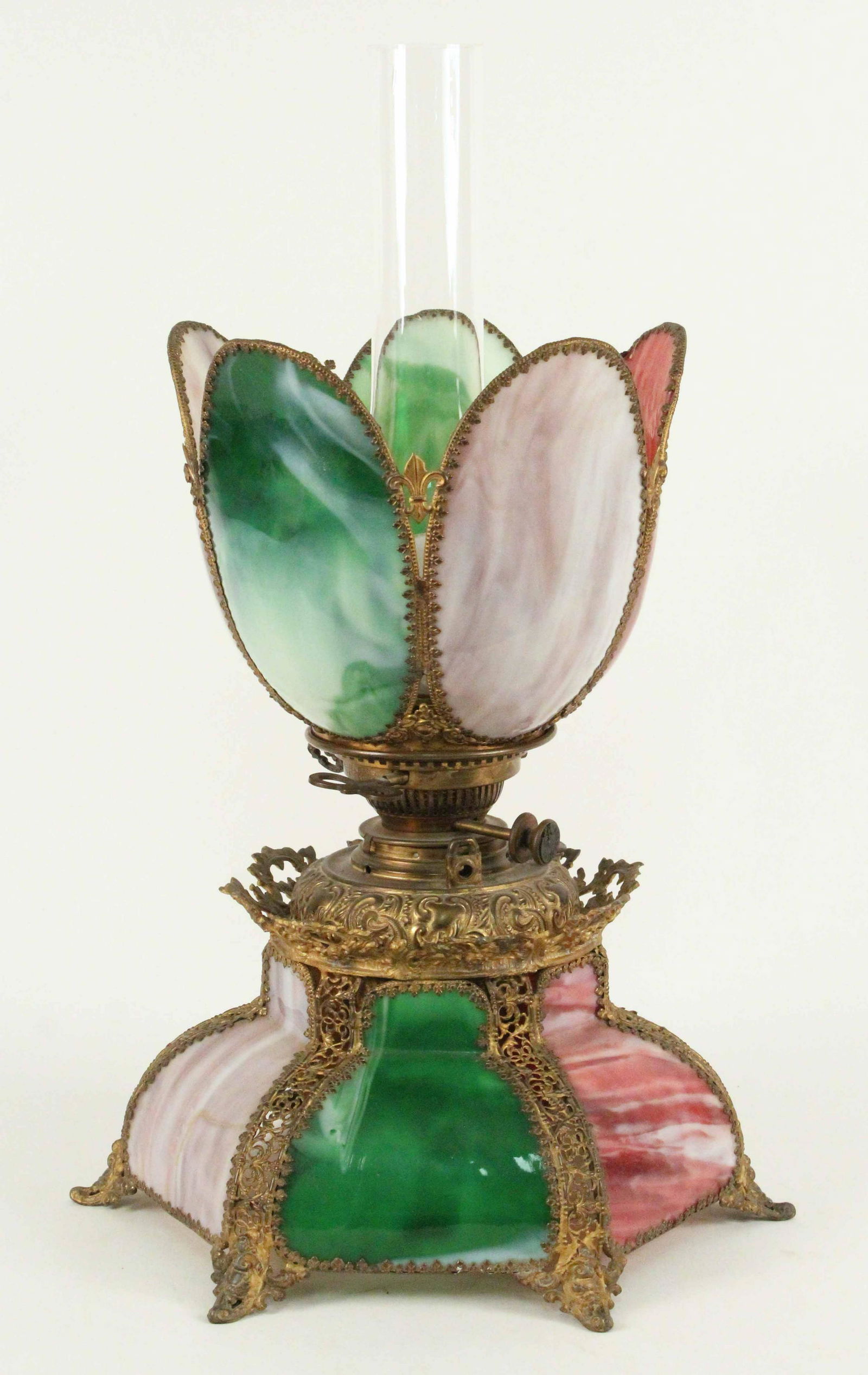 Bradley & Hubbard Lamp w/ Bowed Stain Glass Panels (1 of 8)