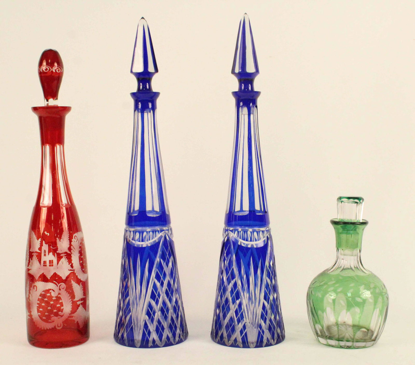4 Bohemian Style Decanters Cobalt, Ruby, Green (1 of 6)