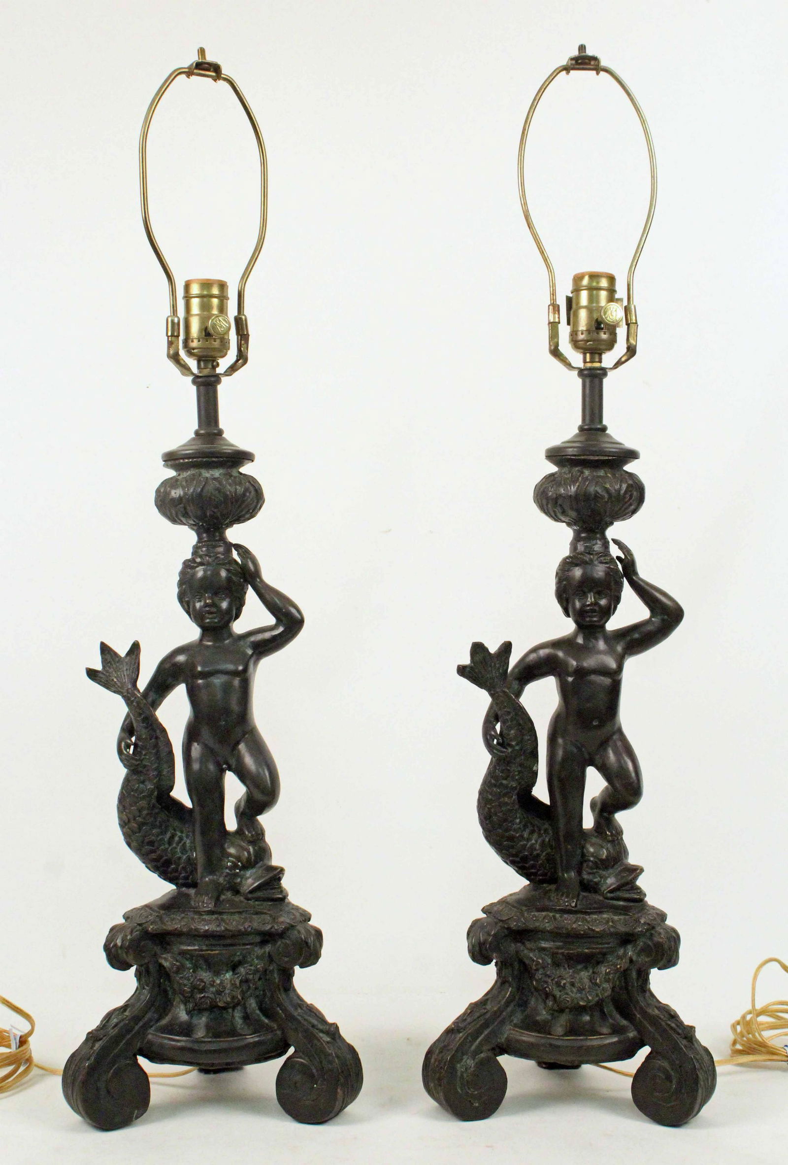 Pair of Maitland Smith Putti & Dolphin Bronze Lamp (1 of 4)