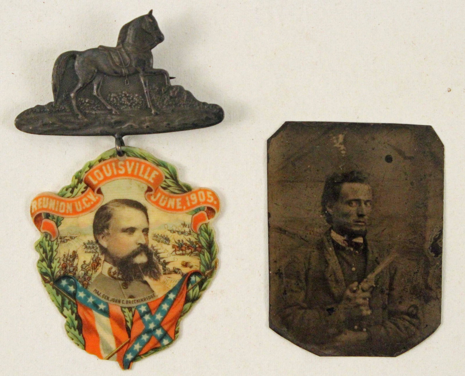 1905 KY U.C.V. Badge & Confederate Image: 1905 KY U.C.V. Badge and Confederate Image. (1) Reunion U.C.V. Louisville, (Kentucky) June, 1905 badge with celluloid drop depicting Major General John C. Breckenridge with molded hanger of thoroughbr