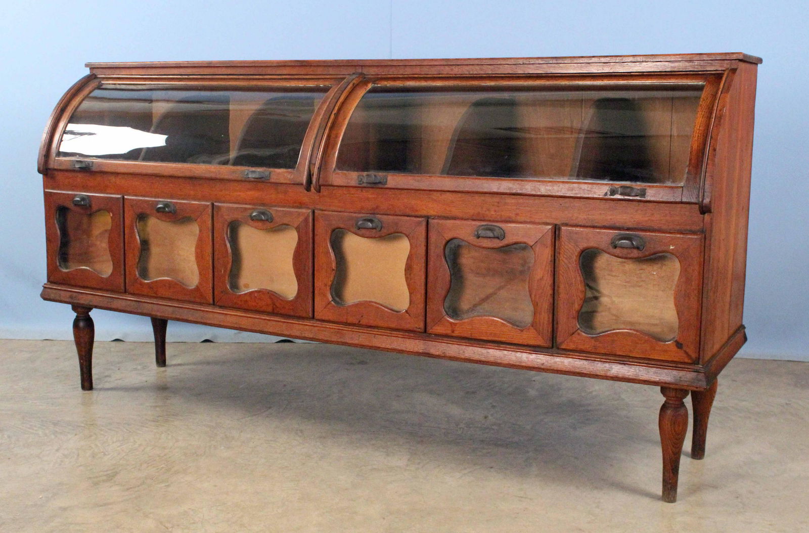 Oak Coffee/Seed Bin Display Counter w/  Curved Glass Roll Front (1 of 5)