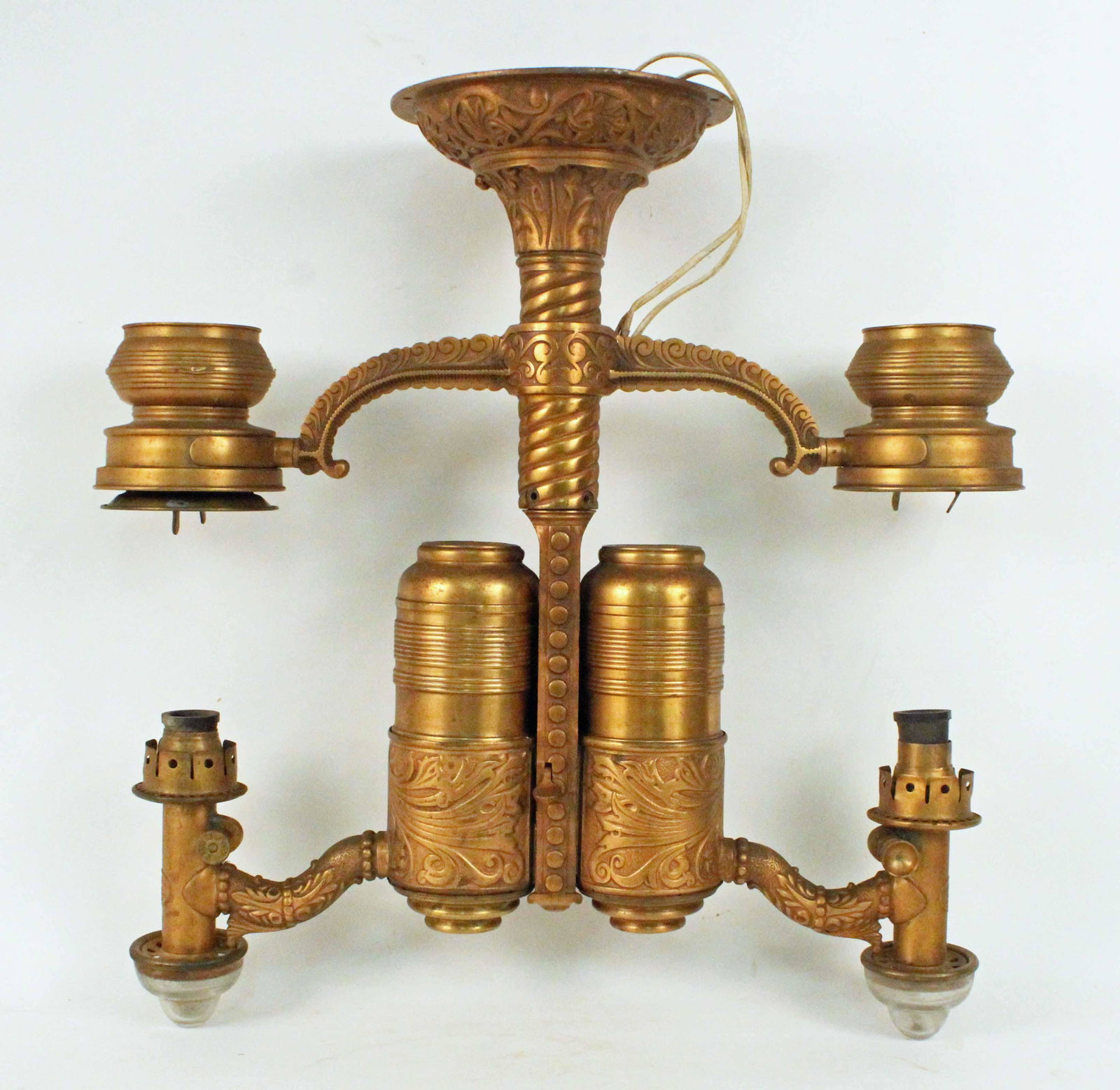 Adams Westlake Brass Railroad Chandelier: Adams Westlake Brass Railroad Chandelier. This is a heavy Adlake fixture with Adams Westlake burners. Comes with (1) 10" milk glass shade. Measures approx. 26" high X 25 1/2" wide. Condition - The fix
