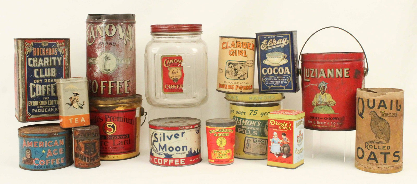 Group of Vintage Advertising Tins, Jars, Etc.: Group of Vintage Advertising Tins, Jars, Etc. Features: Ramon's Brownie Pills, Canova coffee, Calumet Baking Powder, Luzianne, etc. Condition- Group is in various conditions. See photos.