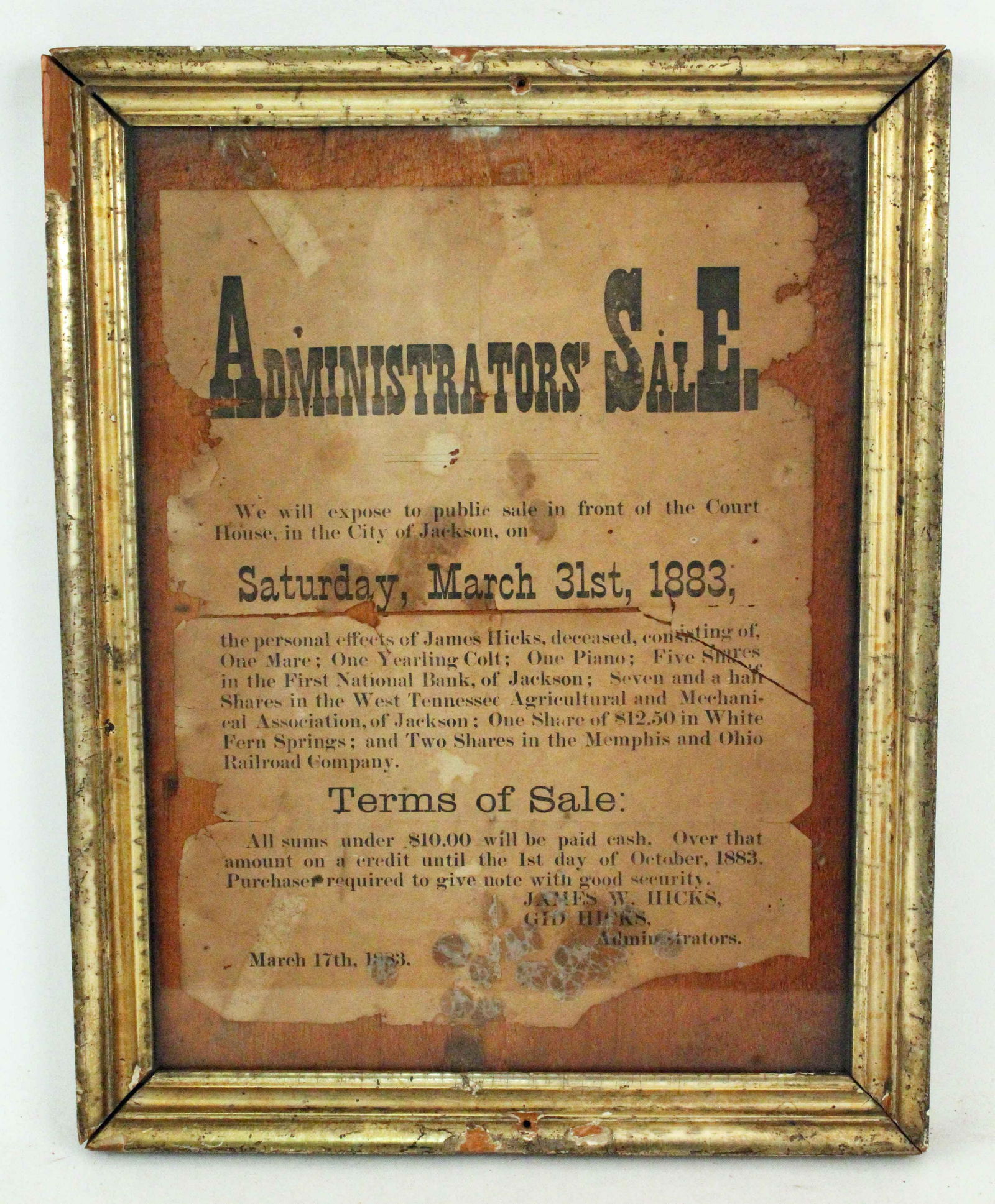 1883 Jackson, TN Auction Broadside (1 of 3)