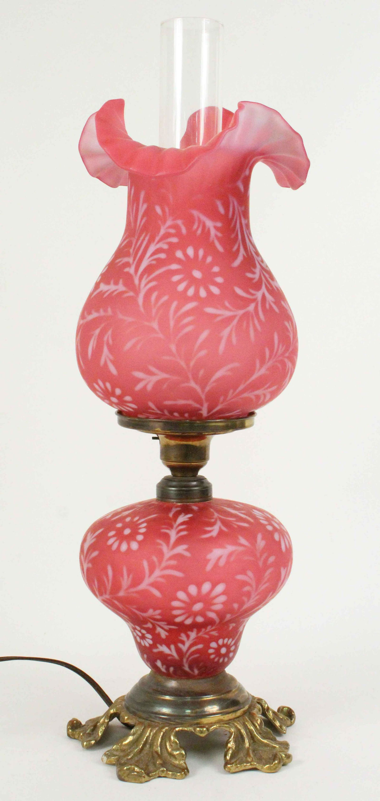 Fenton Satin Cranberry Daisy & Fern Parlor Lamp (1 of 4)