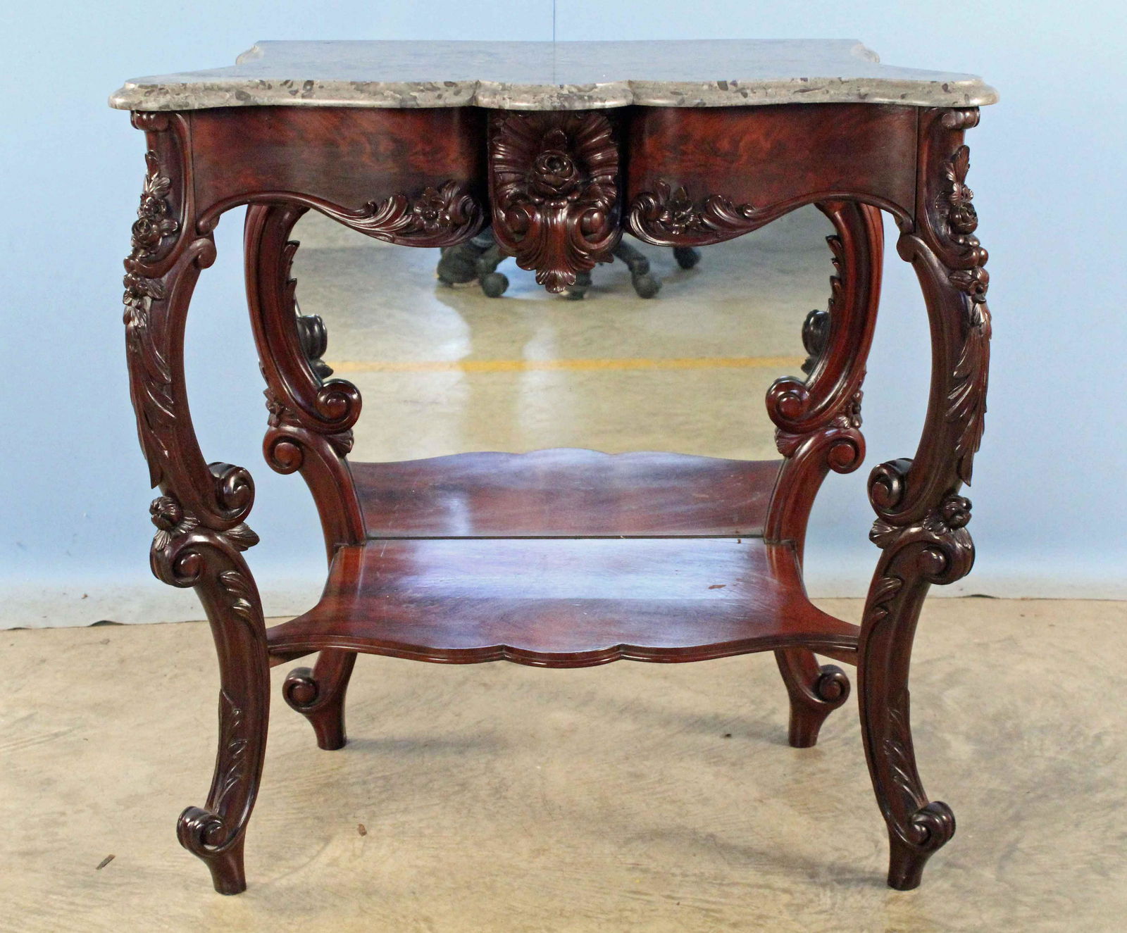 19th C. Rococo Mahogany Pier Table w/ Grey Marble: 19th C. Rococo Mahogany Pier Table w/ Grey Marble. Beautiful table with acanthus leaf and rose carving, mirrored back lower portion. Fine scalloped grey marble. Provenance: Nancy Jane Chambers, Selmer