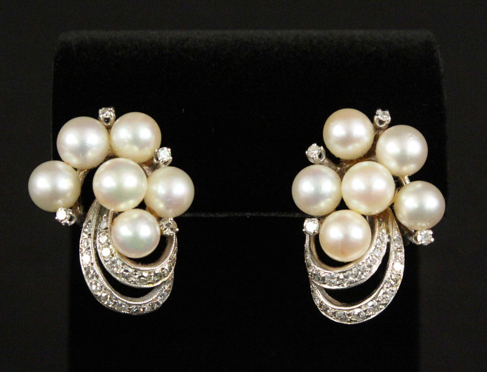 Pair 14K White Gold Pearl & Diamond Earrings (1 of 4)