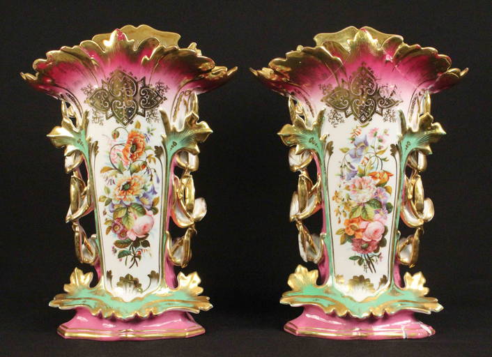 Pair Of Old Paris Style Porcelain Mantle Vases