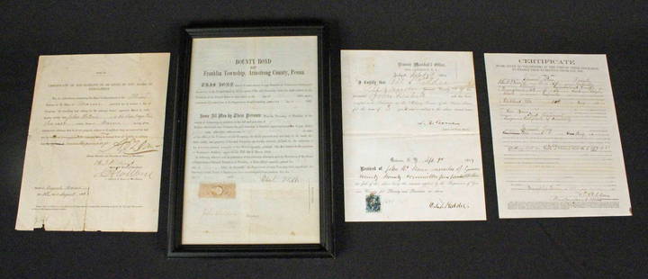 4 Civil War Documents, Discharge, Substitute, Etc: Four Civil War Documents, Discharge, Substitute, Etc. (1) 1863 Union soldier's discharge certificate. The certificate states that the soldier fought at Shiloh and was issued in Memphis, Tennessee. Mea