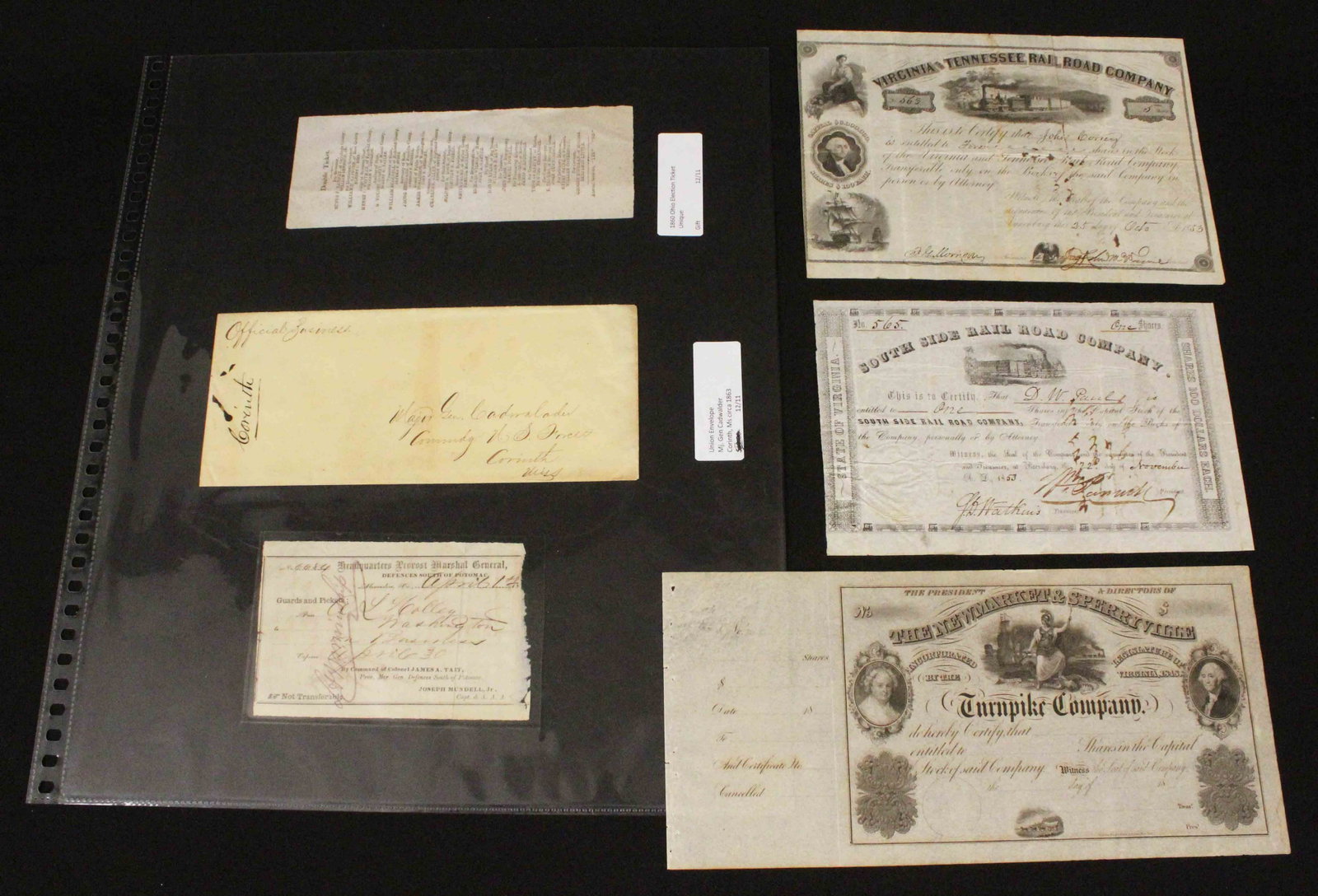 Mid 19th C. Ephemera & Civil War Items: Mid 19th Century Ephemera and Civil War Items. (1) Circa 1863 Union envelop addressed to Major General Cadwalder, Corinth, Mississippi. (1) Provost Marshall General, South of the Potomac, Guards and P