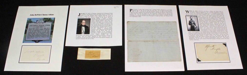 Five Civil War Signatures, Tennessee, Etc.: Five Civil War Signatures, Tennessee, Etc. (1) John Bell (1796-1869) autographed slip. United States Senator from Tennessee, Bell would make an unsuccessful bid for the presidency in 1860. Bell argued