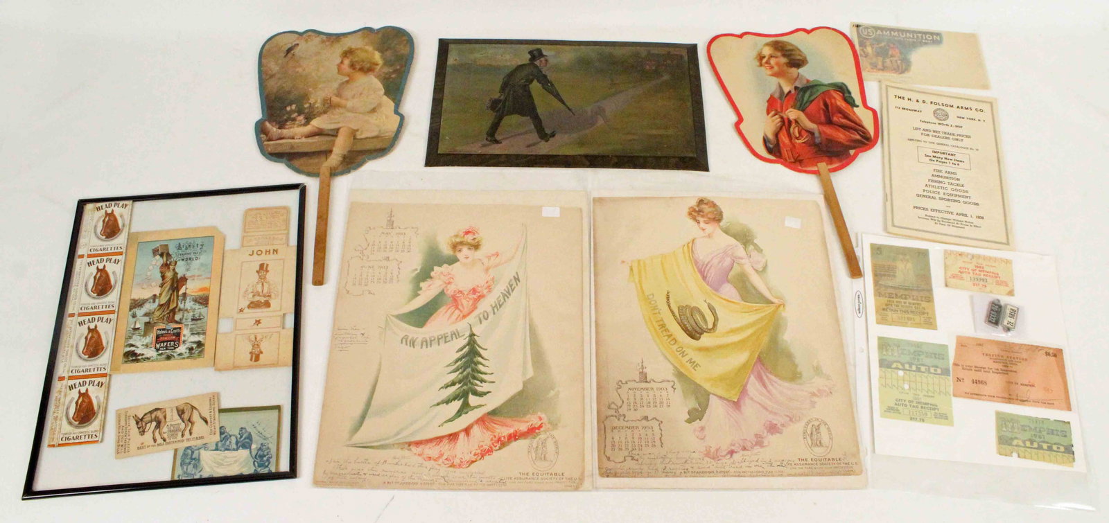 Group of Advertising Items: Group of Advertising Items. (2) Red Seal Charcoal, Memphis, Tennessee fans. (1) US Ammunition, Gibson Grocery Company, West Point, Miss., envelope. (1) Framed group of advertisements; Holmes & Coutts