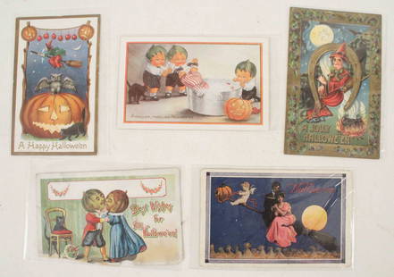 Collection of Five Circa 1910 Halloween Post Cards: Collection of Five Used Circa 1910 Halloween Post Cards. The group includes witches, pumpkins, cauldrons, black cats, etc. (1) Witch in horseshoe, moon, bats, bubbling cauldron, black cats. (1) 1910 P