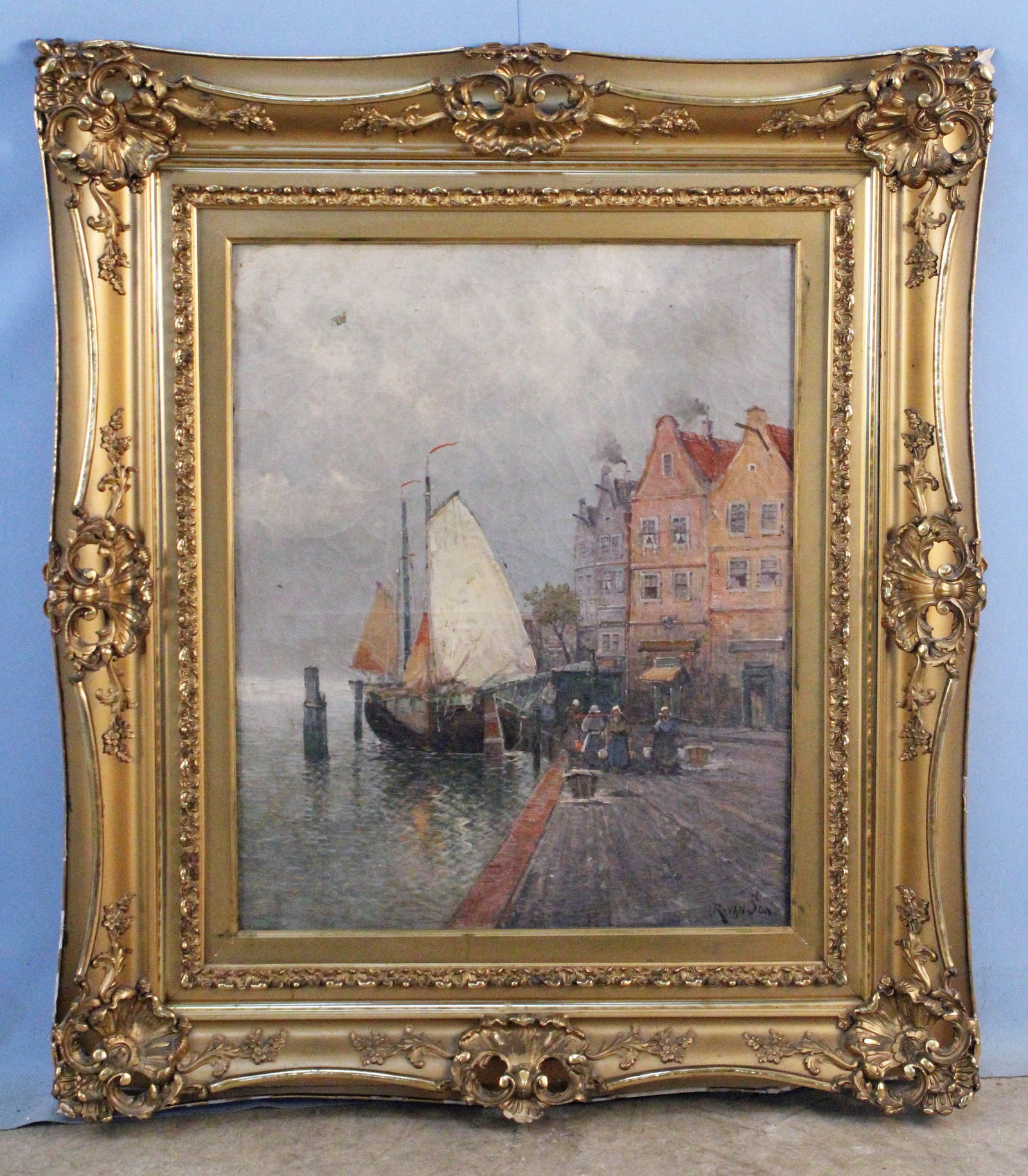 R. Van Son (19th C) Dutch Harbor Scene O/C (1 of 12)