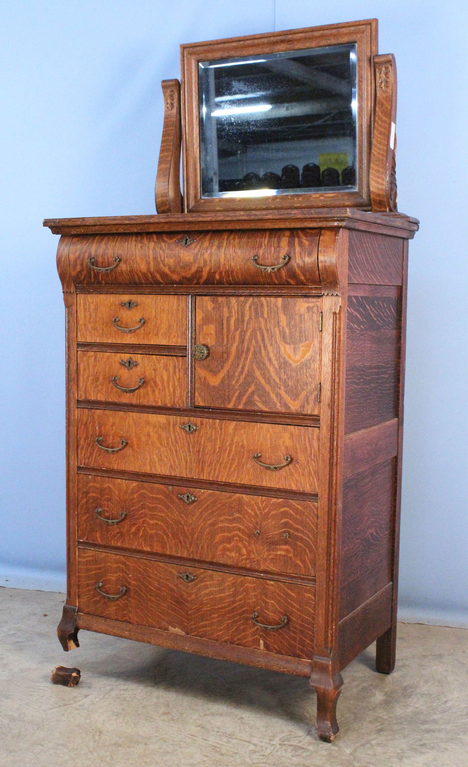 Oak Chest w/ 6 Drawers, Hatbox, & Mirror, C. 1900 (1 of 4)