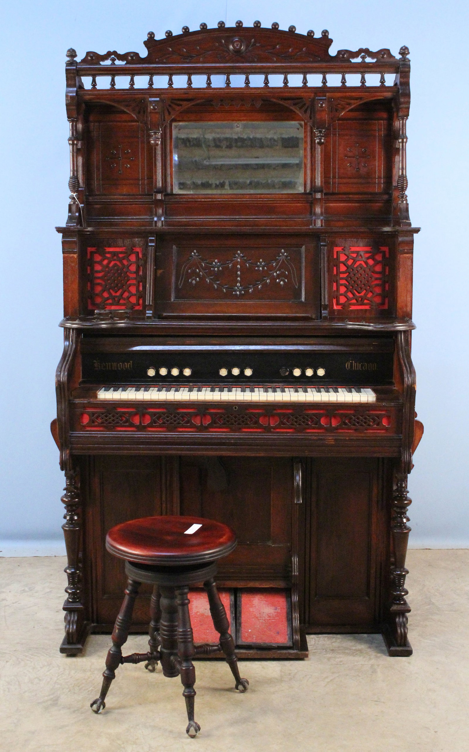 Antique Oak Organ w/ Stool, Circa 1905: Antique Oak Organ with Stool, Circa 1905. Organ measures 78" high X 43" wide X 23 1/4" deep. Condition- Overall good condition. Organ does play but is missing part of original gallery. See photos.