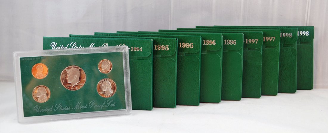 10-1994-1998 United States Mint Proof Sets: 10-1994-1998 United States Mint Proof Sets. Sets are proof/uncirculated, in the original mint package and casing. All of the (10) boxes and (50) coins are in great condition.